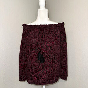 MICHAEL Michael Kors Off Shoulder Tassel Neck Bell Sleeve Blouse Red/Black Sz XS